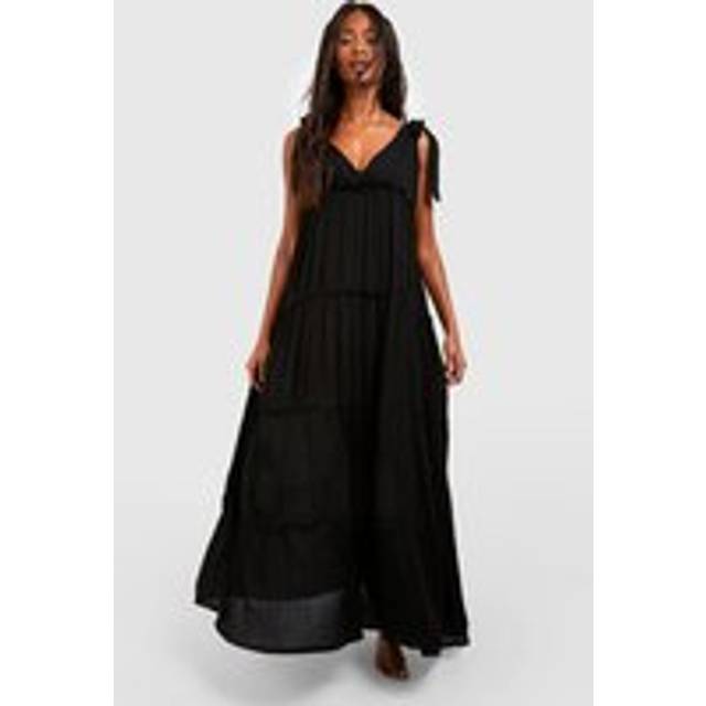 Womens Cheesecloth Tie Shoulder Maxi Beach Dress - Black - M