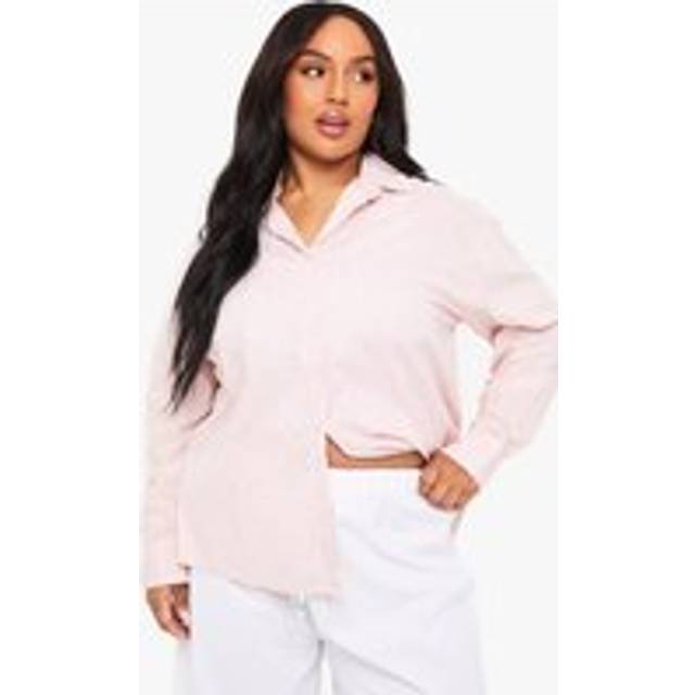 Womens Plus Wide Cuff Stripe Oversized Shirt - Pink - 20