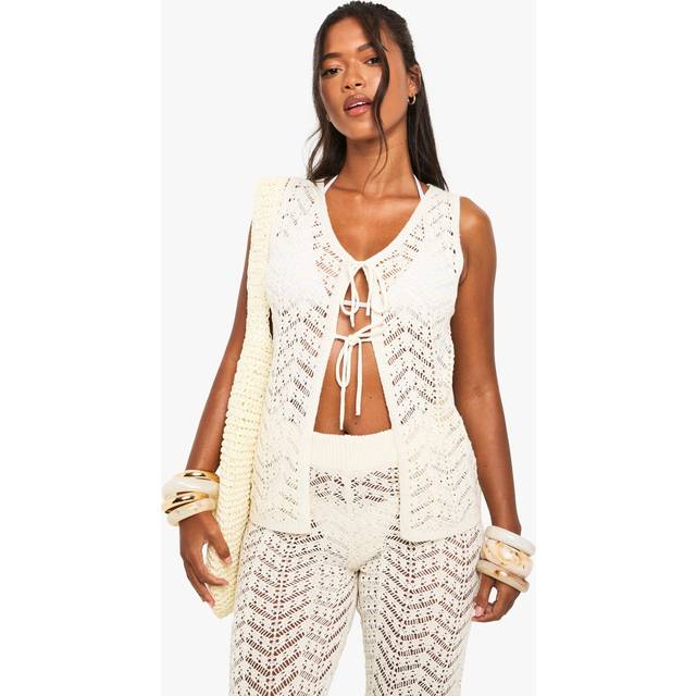 Womens Crochet Tie Waistcoat - White - M, White