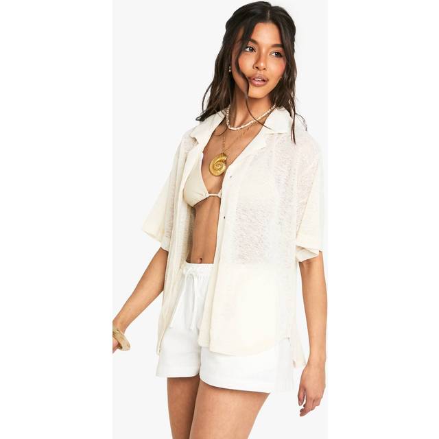Womens Textured Crochet Sheer Knitted Shirt - White - 10, White