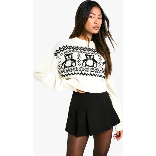 Womens Farisle Teddy Bear Christmas Cropped Jumper - Black - S, Black