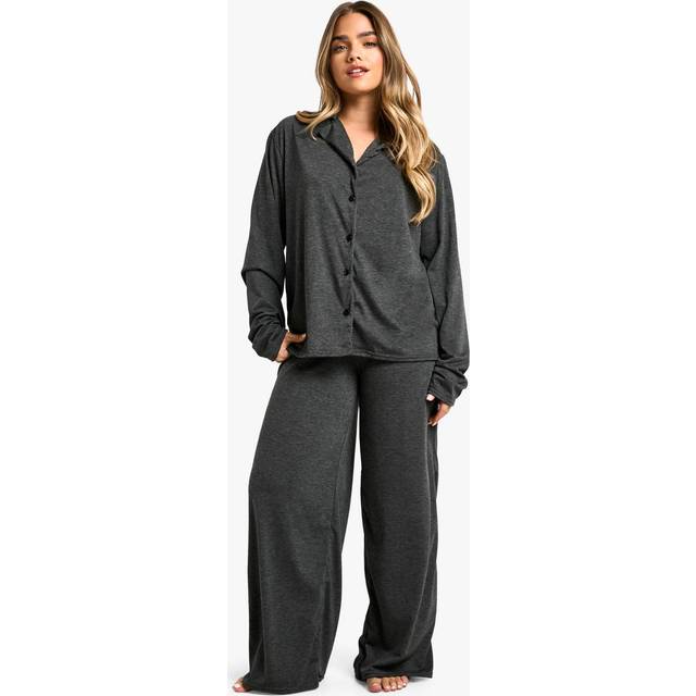 Womens Petite Long Sleeve Shirt & Trousers Pyjama Set - Grey - 10