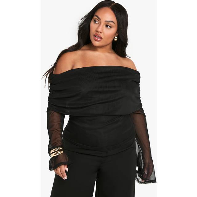 Womens PLUS MESH BARDOT LONG SLEEVE TOP - Black - 28