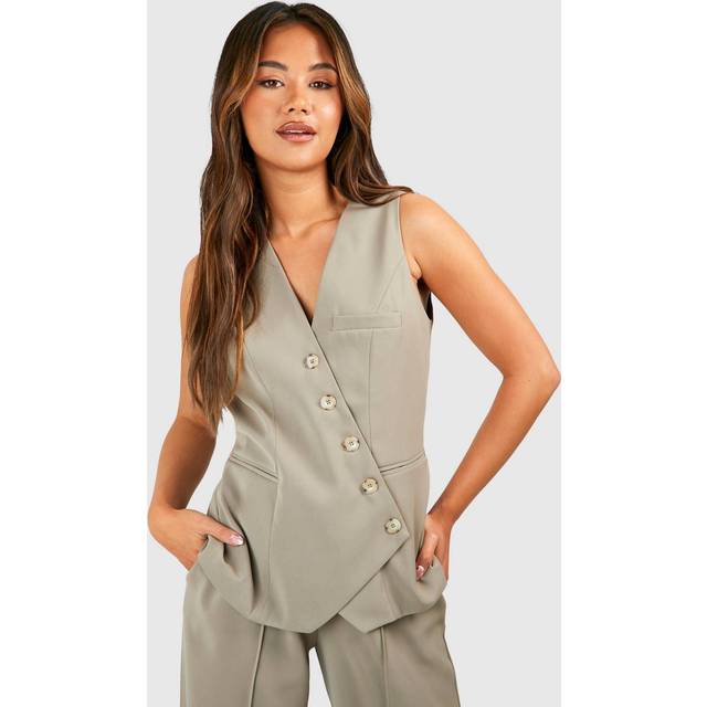 Womens Asymmetric Mock Horn Waistcoat - Beige - 10