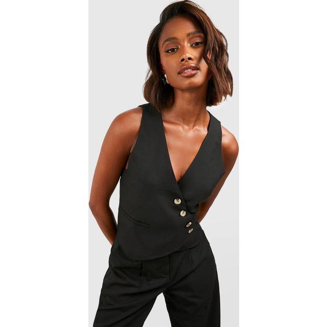 Womens Mock Horn Asymmetric Tailored Waistcoat - Black - 10
