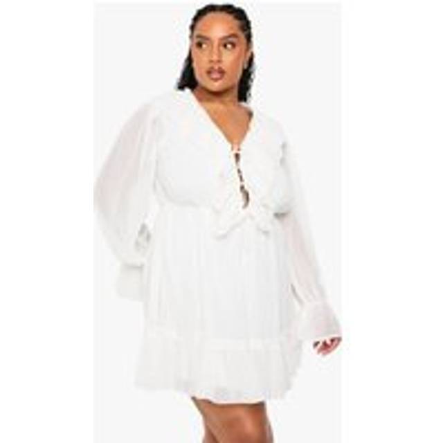 Womens Plus Chiffon Long Sleeve Ruffle Dress - Cream - 28, Cream