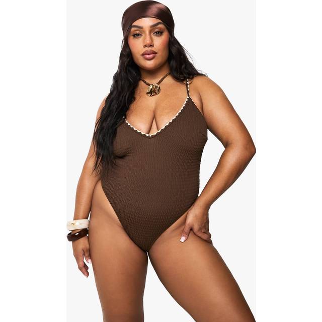 Womens PLUS CONTRAST STITCH SCOOP SWIMSUIT - Brown - 28