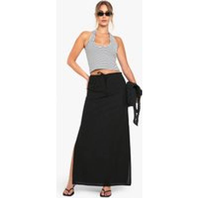 Womens Linen Drawstring Maxi Skirt - Black - 14