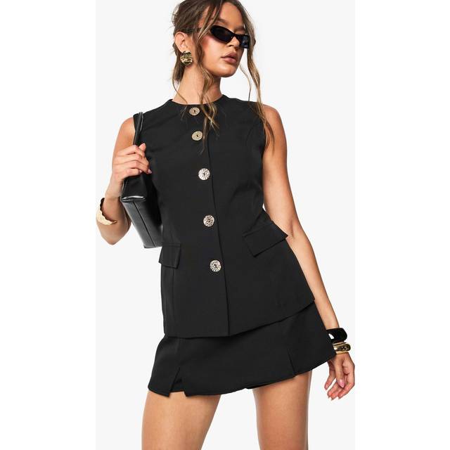 Womens Gold Textured Button Pocket Longline Waistcoat - Black - 12