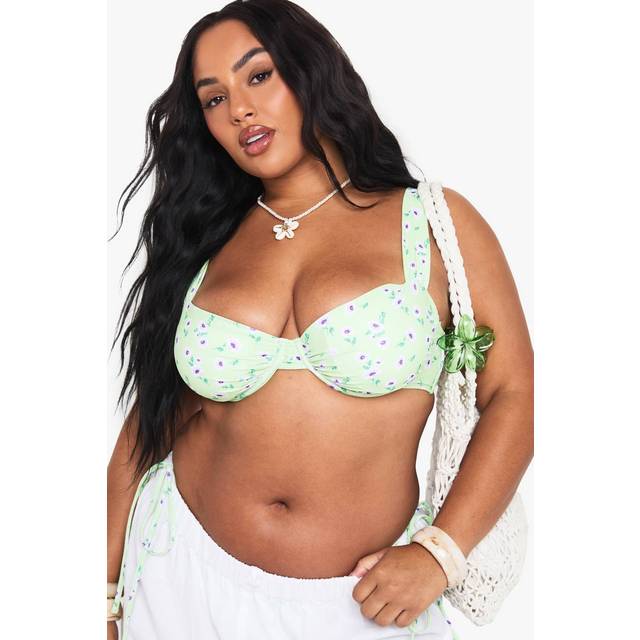 Womens Plus Floral Underwired Balcony Bikini Top - Yellow - 20, Yellow