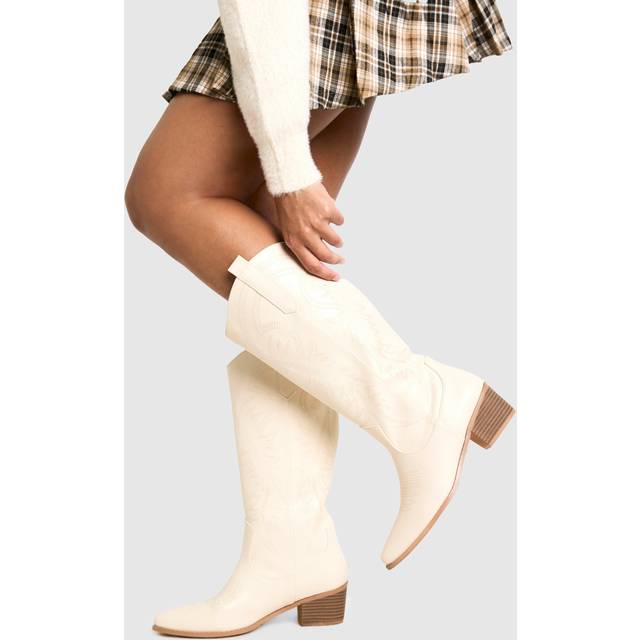 Womens Calf Detail Embroidered Western Cowboy Boots - Beige - 4