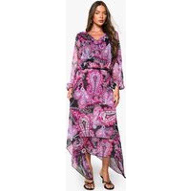 Womens Paisley Chiffon Hanky Hem Midi Skirt - Purple - 14, Purple