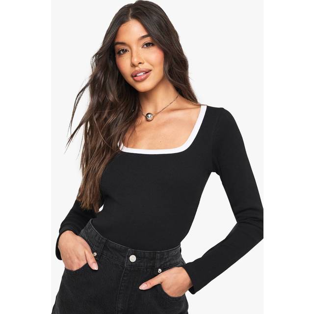 Womens Rib Contrast Binding Square Neck Long Sleeve Bodysuit - Black - 16