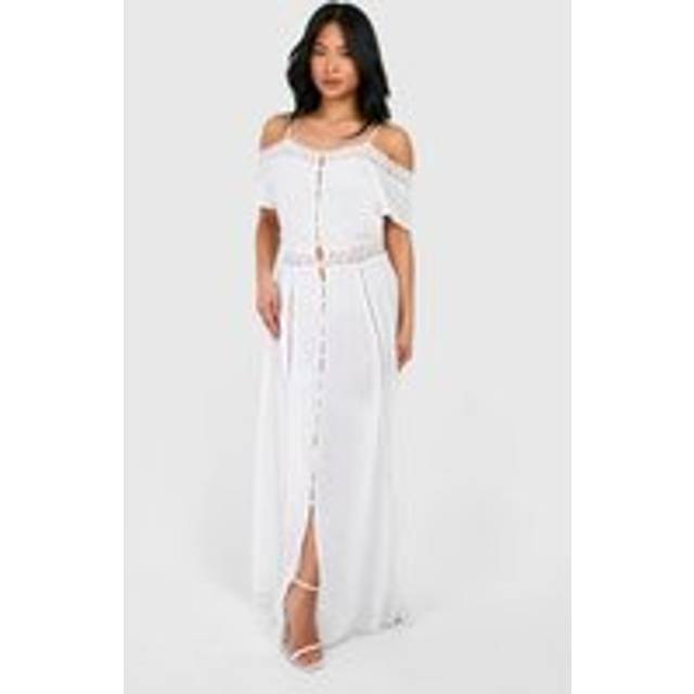 Womens Petite Lace Bardot Cheesecloth Button Maxi Dress - White - 4
