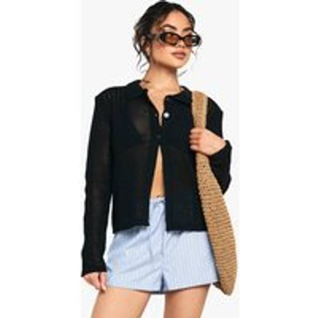 Womens Crochet Knitted Button Through Collared Cardigan - Black - L, Black