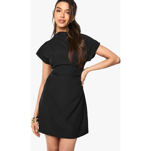 Womens Slash Neck Ruched Tailored Mini Dress - Black - 16, Black