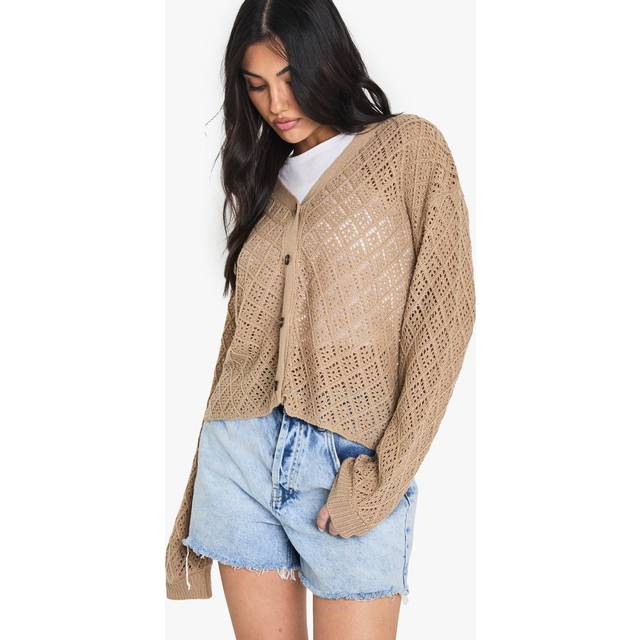 Womens Crochet Slouchy Knitted Cardigan - Beige - S