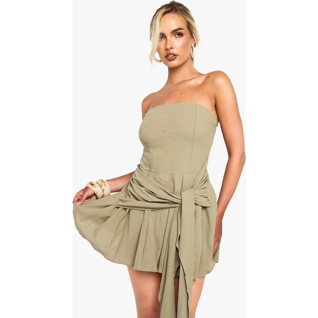 Womens Linen Look Pleated Wrap Mini Dress - Green - 12