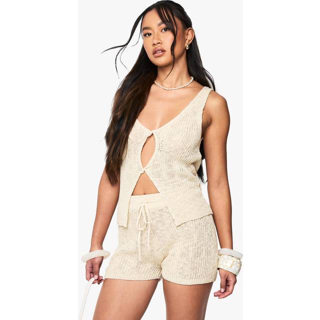 Womens Tie Waist Knitted Crochet Short - Beige - 8, Beige