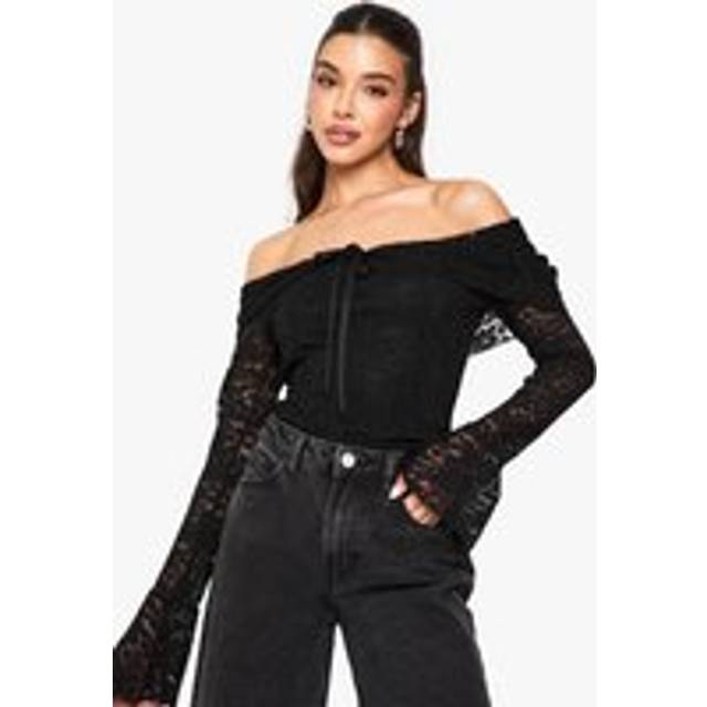 Womens Lace Bardot Tie Detail Long Sleeve Top - Black - 14, Black