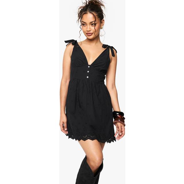 Womens Broderie Strappy Tie Detail Mini Dress - Black - Xs, Black