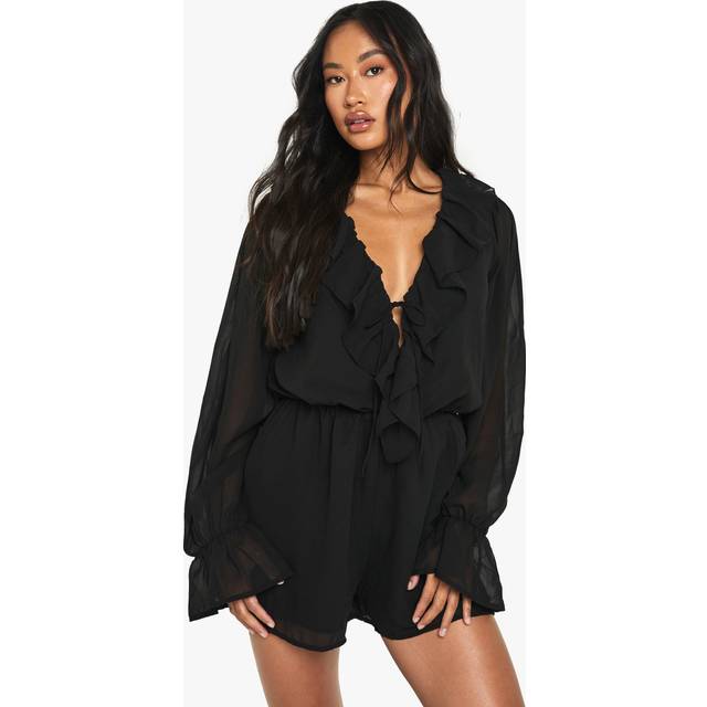 Womens Chiffon Long Sleeve Ruffle Playsuit - Black - 14