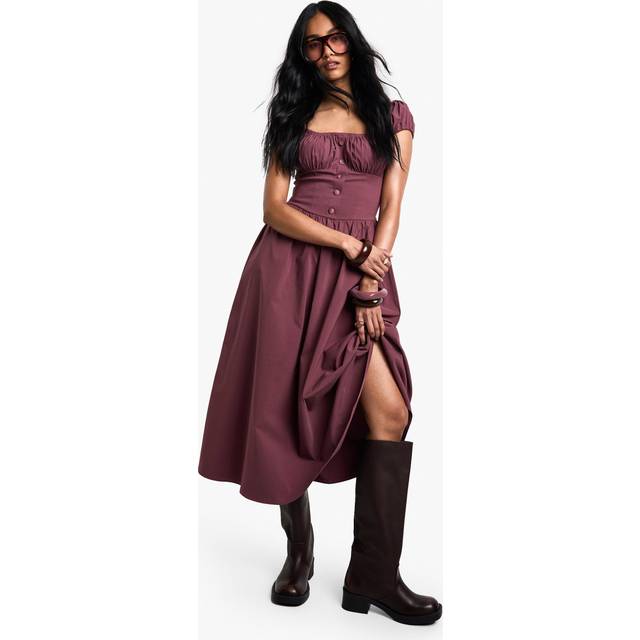 Womens Puff Sleeve Milkmaid Midi Dress - Purple - 8, Purple