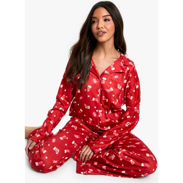 Womens Christmas Stocking Print Long Sleeve Shirt And Trouser Pyjama Set - Red - 10, Red