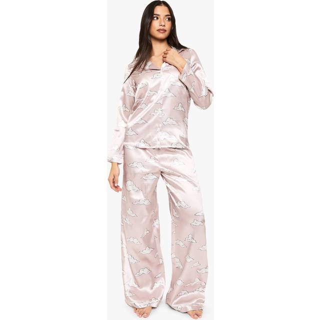 Womens Cloud Print Satin Long Sleeve Shirt & Trousers Pyjama Set - Beige - 6, Beige
