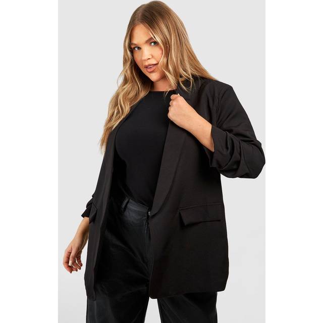 Womens Plus Ruched Sleeve Lapel Detail Blazer - Black - 22
