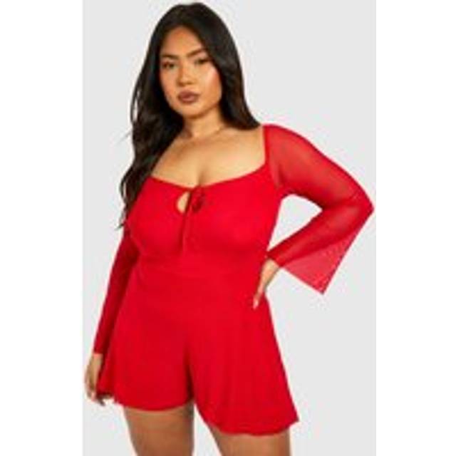 Womens Plus Mesh Tie Detail Flared Sleeve Floaty Playsuit - 22 - Red