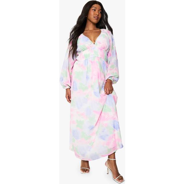 Womens Plus Floral Chiffon Ruffle Volume Sleeve Maxi Dress - Pink - 26