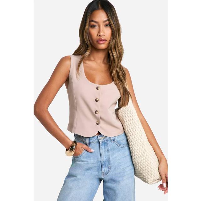 Womens Square Neck Crop Waistcoat - Mocha - 6