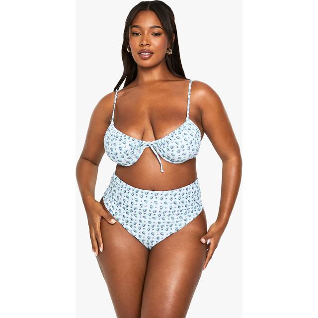 Womens Plus Gingham Floral Print Underwired Bikini Top - Blue - 20, Blue