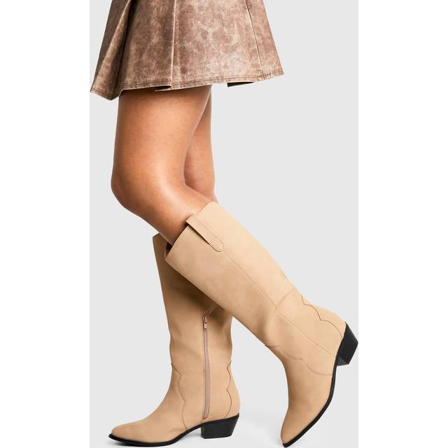 Womens Wide Fit Nubuck Western Style Knee High Boots - Beige - 4, Beige