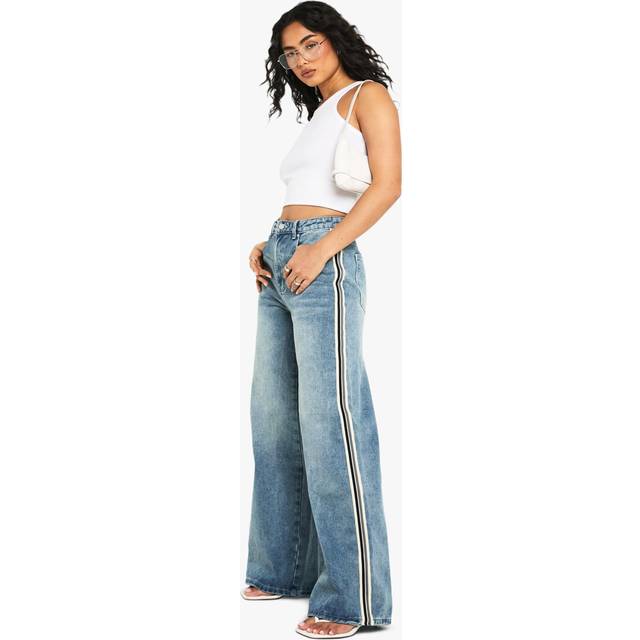 Womens Side Stripe Detail Wide Leg Denim Jeans - Blue - 6