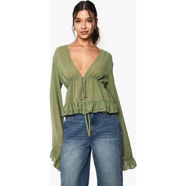 Womens Chiffon Ruffle Tie Front Blouse - Khaki - 6