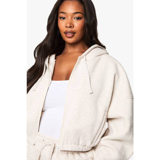 Womens Plus Boxy Zip Through Cropped Bomber Hoodie - Beige - 28