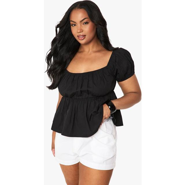 Womens Plus Poplin Ruched Bardot Top - Black - 16, Black