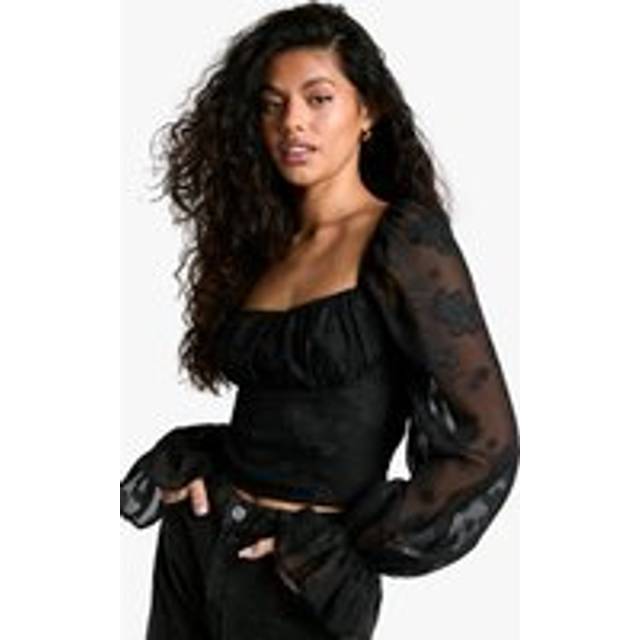 Womens Burnout Puff Sleeve Milkmaid Top - Black - 12