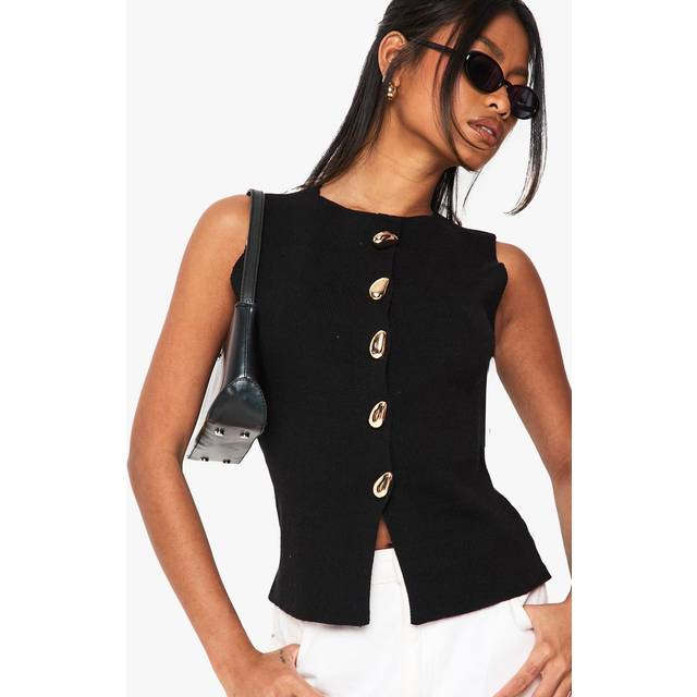 Womens Gold Button Detail Longline Knitted Waistcoat - Black - S