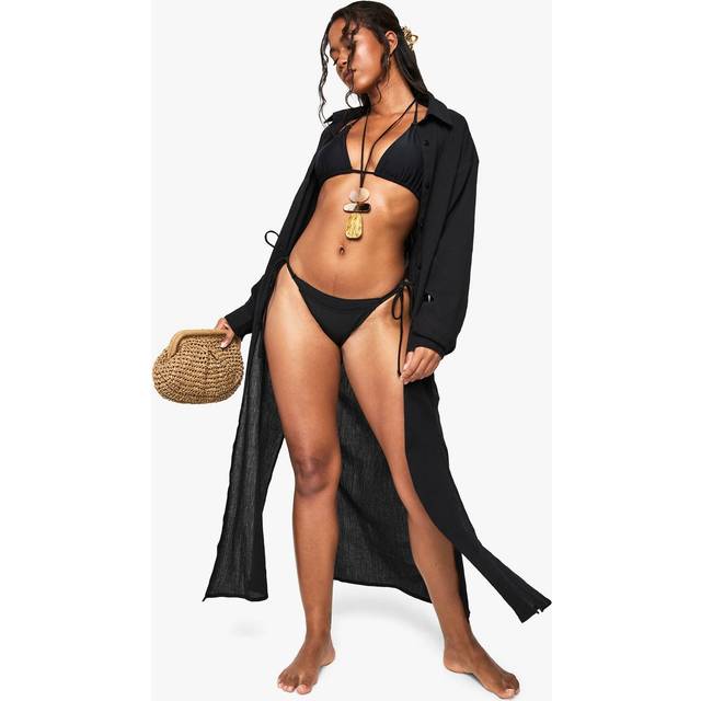 Womens Crinkle Cotton Maxi Beach Shirt - Black - L, Black