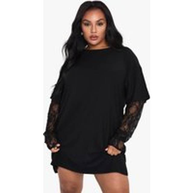 Womens Plus Lace Sleeve Oversized T-Shirt Dress - Black - 18, Black