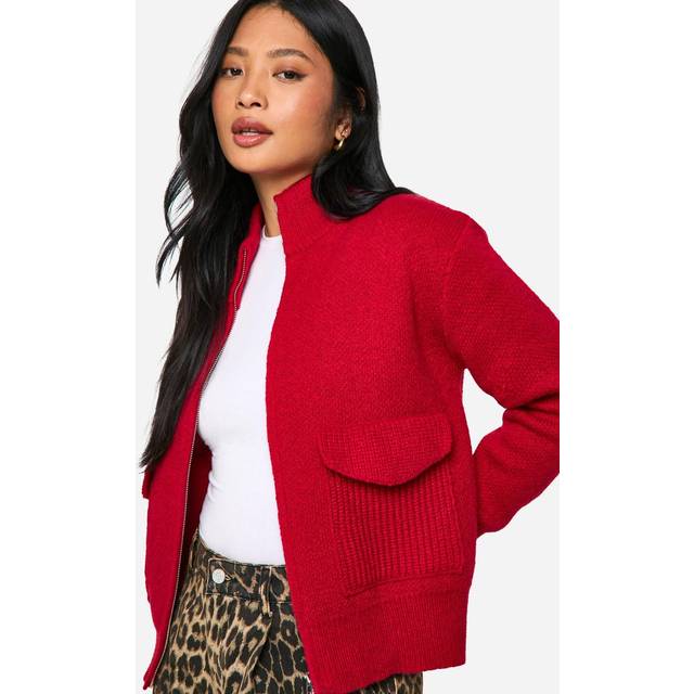 Womens Petite Zip Through Knitted Cardigan - Red - M, Red