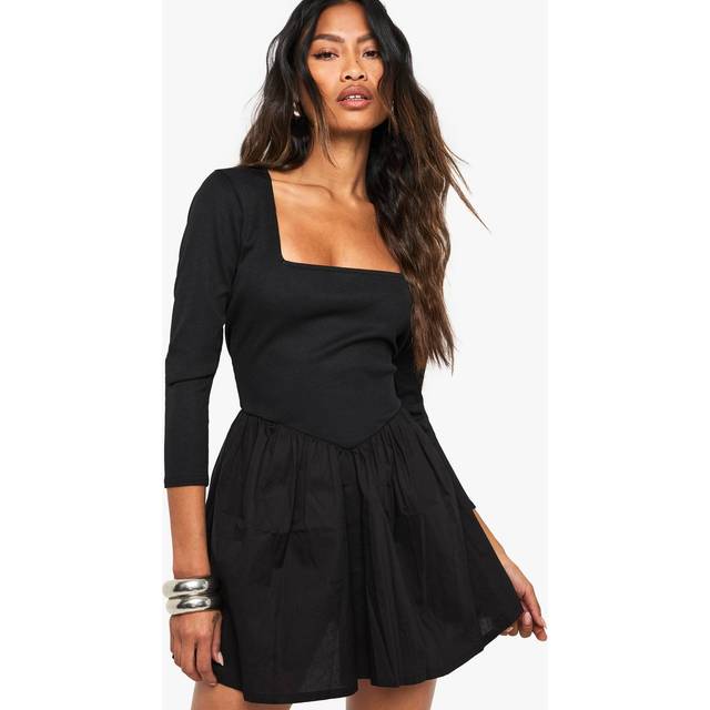 Womens Jersey Rib Cotton Mix Long Sleeve Mini Dress - Black - 18