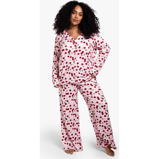 Womens Plus Cherry Print Long PJ Set - Pink - 20
