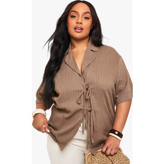 Womens Plus Linen Stripe Tie Front Shirt - Green - 18, Green