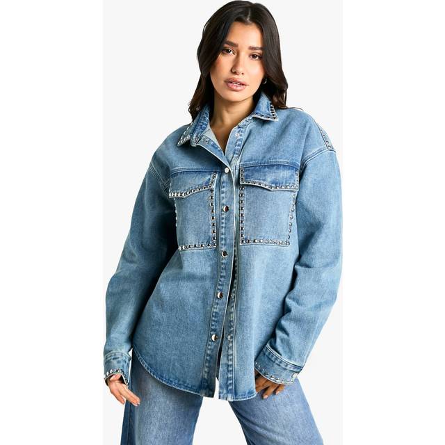 Womens Tall Stud Detail Denim Oversized Shirt - Blue - 8