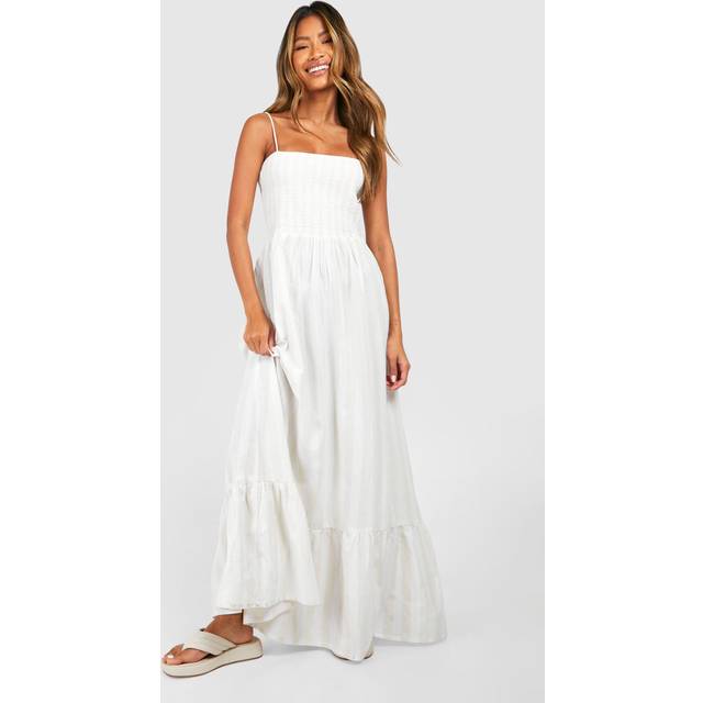 Womens Linen Look Shirred Stripe Bandeau Maxi Dress - Ecru - 8