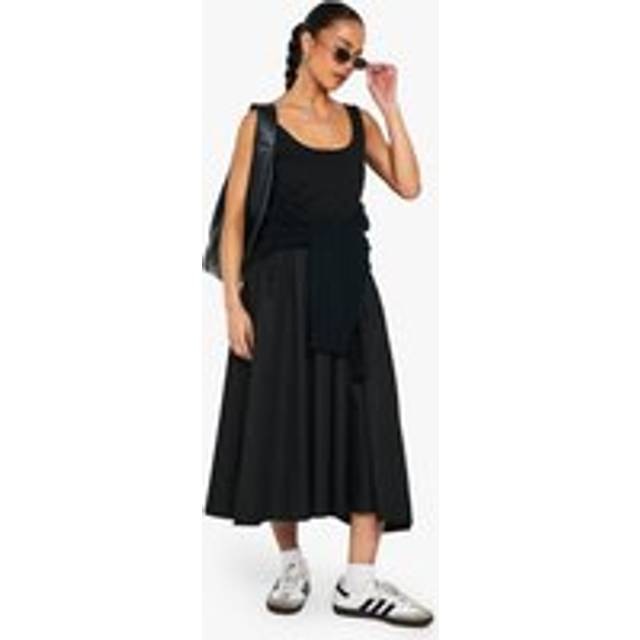 Womens Ribbed Scoop Neck Mixed Fabric Smock Midaxi Dress - Black - 18, Black